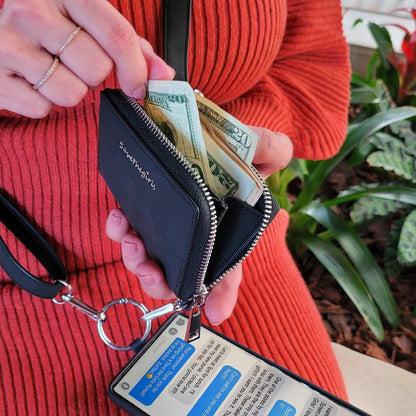 SaveTheGirls Clip & Go Strap with Pouch – Brushed Vegan Leather, Secure Card Carry
