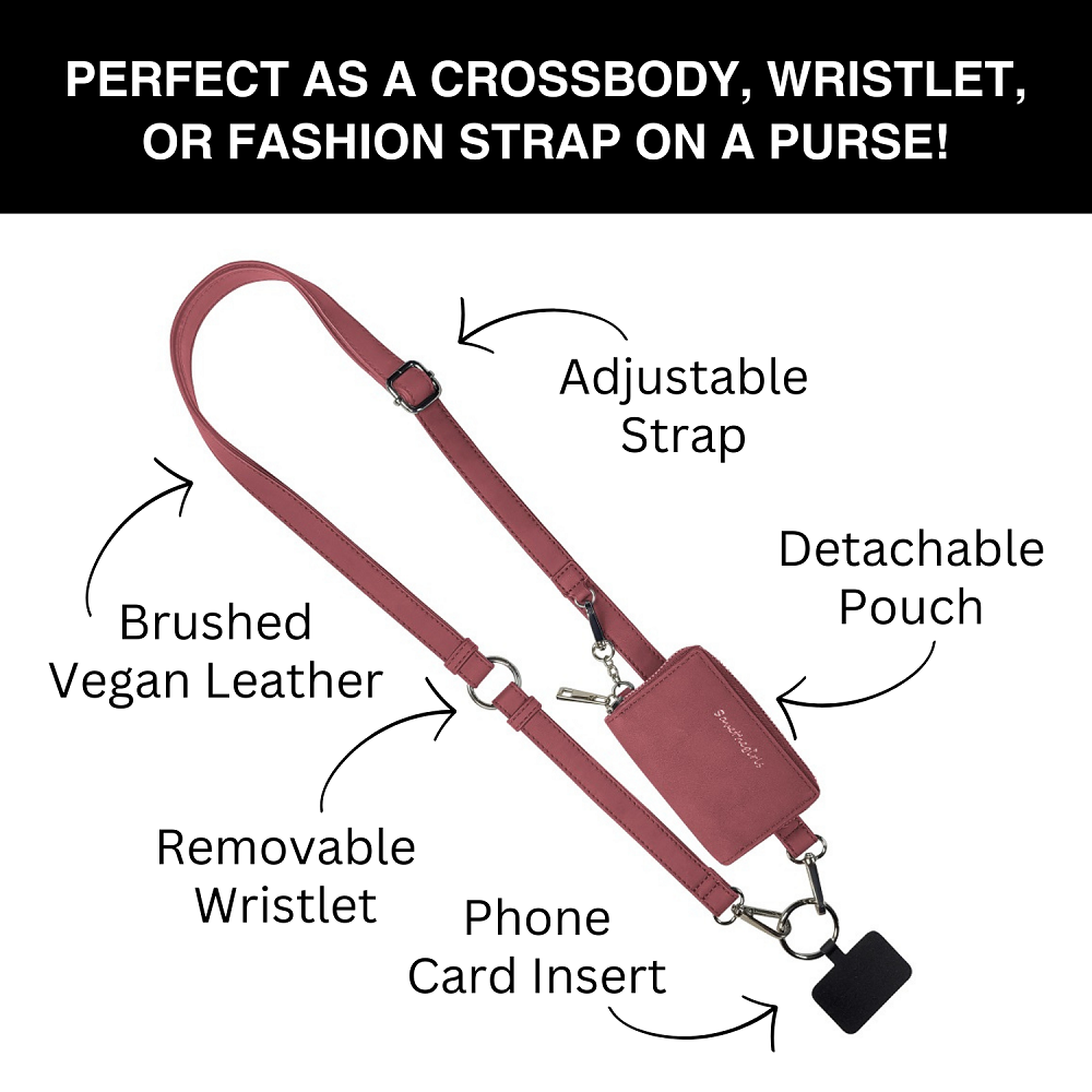 SaveTheGirls Clip & Go Strap with Pouch – Brushed Vegan Leather, Secure Card Carry