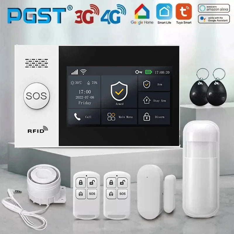 PGST 4G PG107 Tuya Wireless Home Alarm WIFI GSM Home Safety Belt Motion Detector Sensor Anti theft Alarm System Supports Alexa a