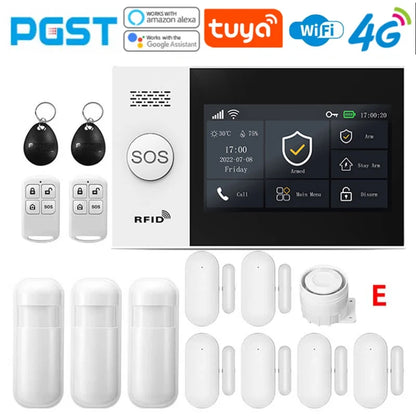 PGST 4G PG107 Tuya Wireless Home Alarm WIFI GSM Home Safety Belt Motion Detector Sensor Anti theft Alarm System Supports Alexa a