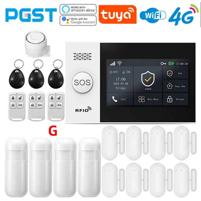 PGST 4G PG107 Tuya Wireless Home Alarm WIFI GSM Home Safety Belt Motion Detector Sensor Anti theft Alarm System Supports Alexa a