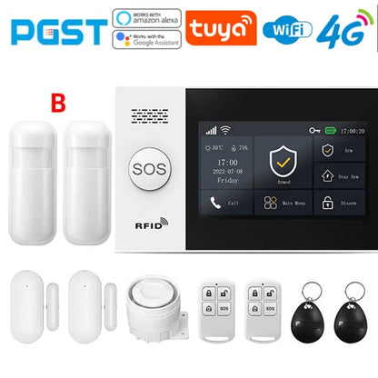 PGST 4G PG107 Tuya Wireless Home Alarm WIFI GSM Home Safety Belt Motion Detector Sensor Anti theft Alarm System Supports Alexa a