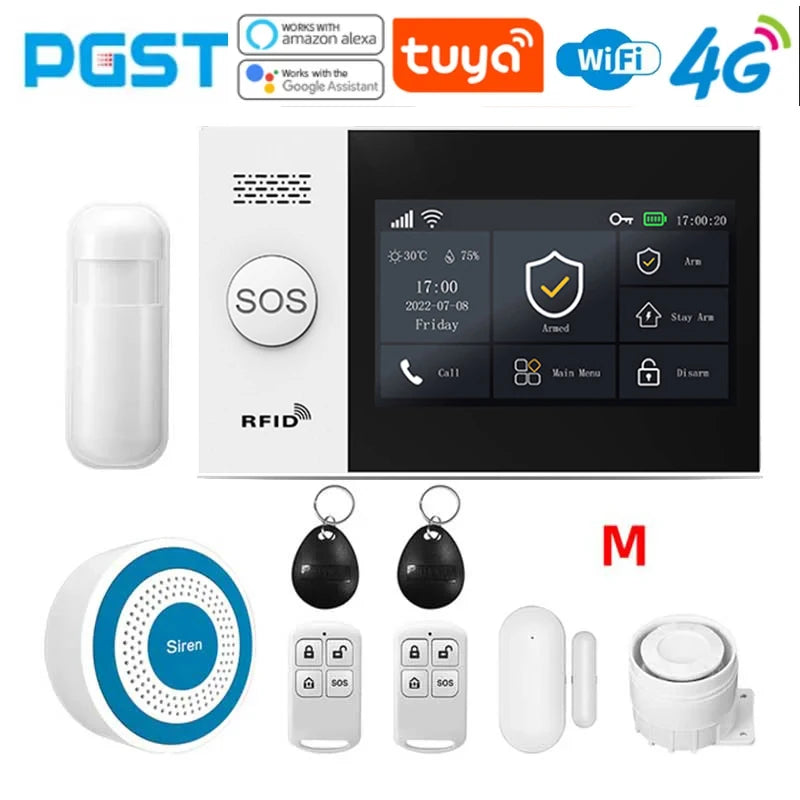 PGST 4G PG107 Tuya Wireless Home Alarm WIFI GSM Home Safety Belt Motion Detector Sensor Anti theft Alarm System Supports Alexa a