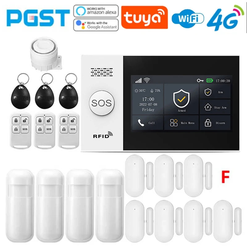 PGST 4G PG107 Tuya Wireless Home Alarm WIFI GSM Home Safety Belt Motion Detector Sensor Anti theft Alarm System Supports Alexa a