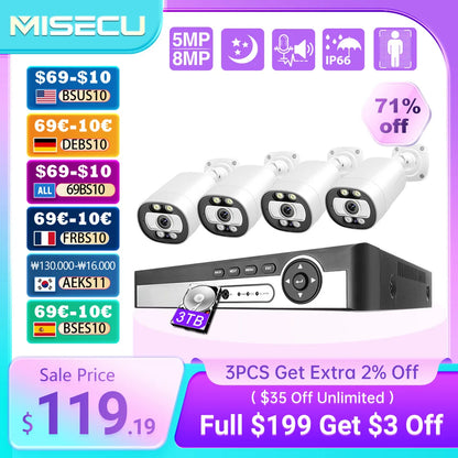 MISECU H.265 8CH 4K 5MP POE Camera Security System Outdoor 8MP Human Detect CCTV Surveillance Protection Color Night Vision P2P