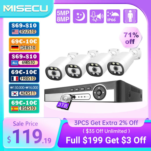 MISECU H.265 8CH 4K 5MP POE Camera Security System Outdoor 8MP Human Detect CCTV Surveillance Protection Color Night Vision P2P