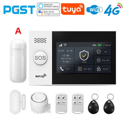 PGST 4G PG107 Tuya Wireless Home Alarm WIFI GSM Home Safety Belt Motion Detector Sensor Anti theft Alarm System Supports Alexa a