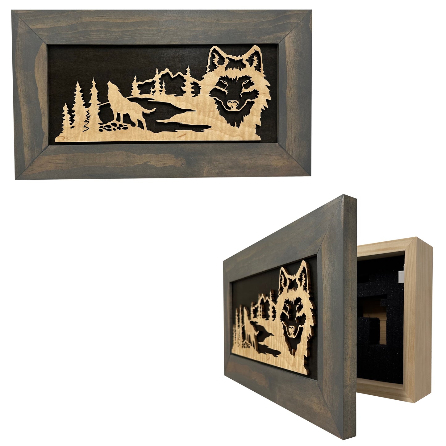 Midnight Wolf Hidden Gun Safe Concealed Furniture, Handcrafted Gun Concealment Decor, Hidden Gun Shelf with Magnetic Lock, Quick Access, Hidden Wall Safe for Secure Storage