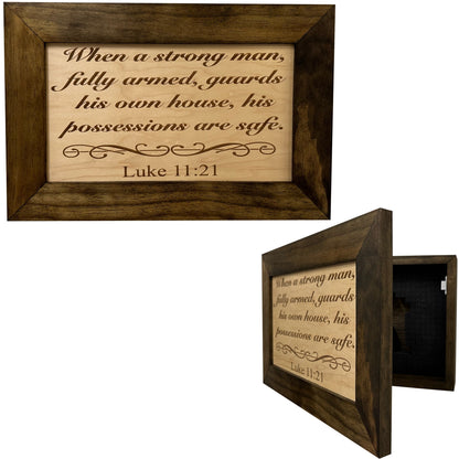 Luke 11:21 Wall Gun Safe - Religious Hidden Gun Safe - Handcrafted Concealment Furniture for Guns - Quick Access Firearm Storage with Magnetic Lock - Hidden Shelf Safe