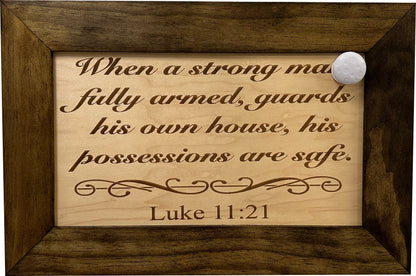 Luke 11:21 Wall Gun Safe - Religious Hidden Gun Safe - Handcrafted Concealment Furniture for Guns - Quick Access Firearm Storage with Magnetic Lock - Hidden Shelf Safe