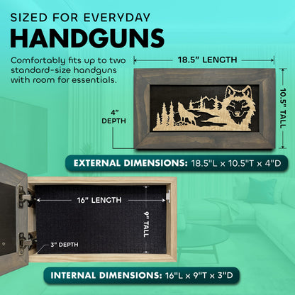 Midnight Wolf Hidden Gun Safe Concealed Furniture, Handcrafted Gun Concealment Decor, Hidden Gun Shelf with Magnetic Lock, Quick Access, Hidden Wall Safe for Secure Storage