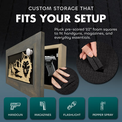 Midnight Wolf Hidden Gun Safe Concealed Furniture, Handcrafted Gun Concealment Decor, Hidden Gun Shelf with Magnetic Lock, Quick Access, Hidden Wall Safe for Secure Storage