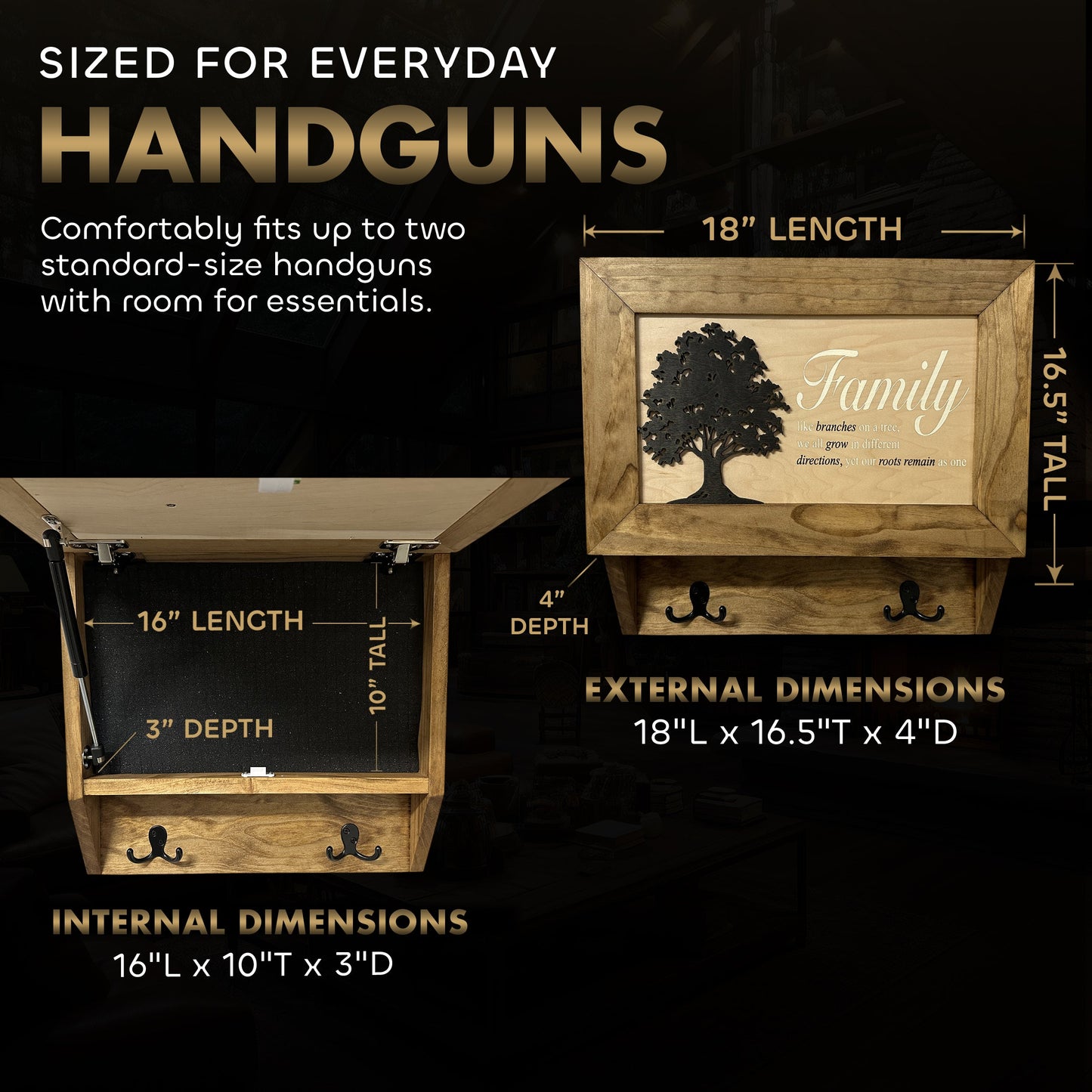 Family Tree Gun Safe Coat Rack - Handcrafted Wooden Gun Cabinets - Gun Shelf Hidden Storage for Rifles, Shotguns, & Handguns - Quick Access Hidden Wall Safe