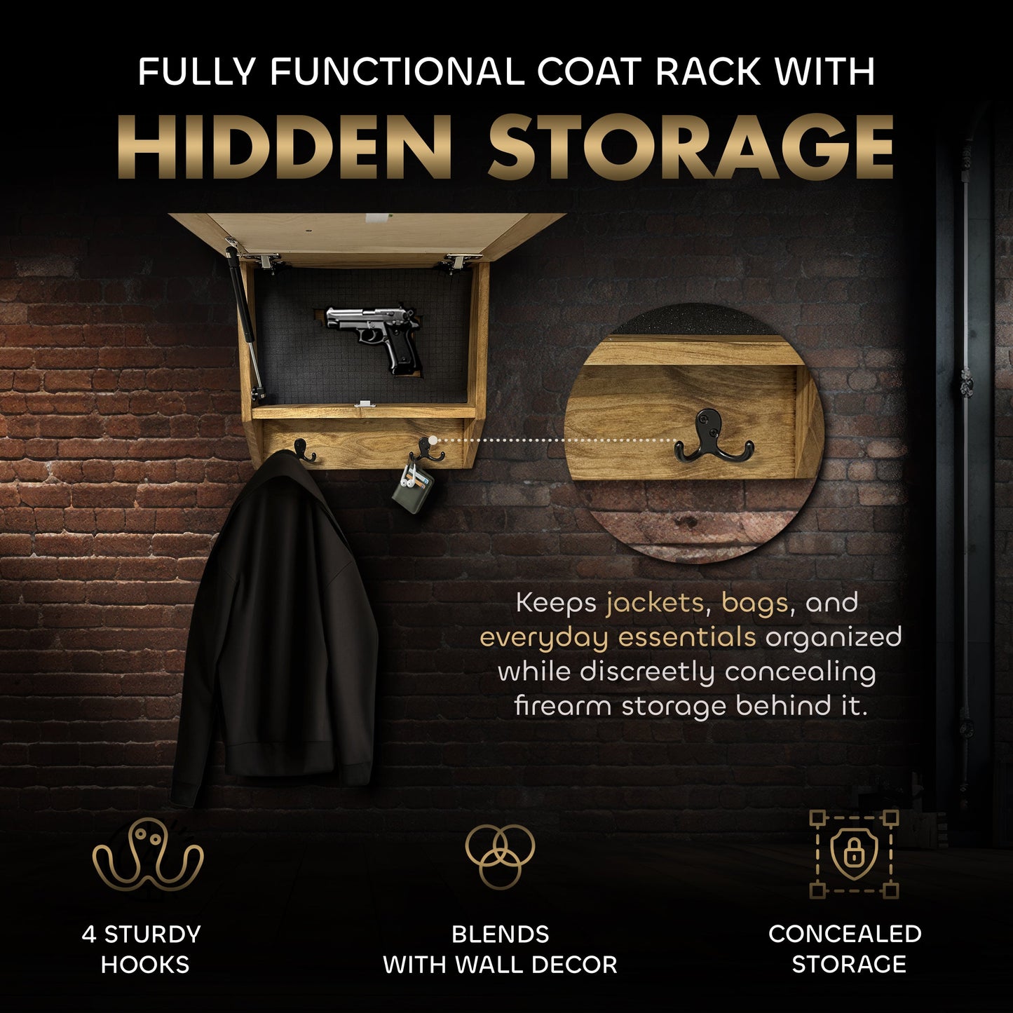 Family Tree Gun Safe Coat Rack - Handcrafted Wooden Gun Cabinets - Gun Shelf Hidden Storage for Rifles, Shotguns, & Handguns - Quick Access Hidden Wall Safe
