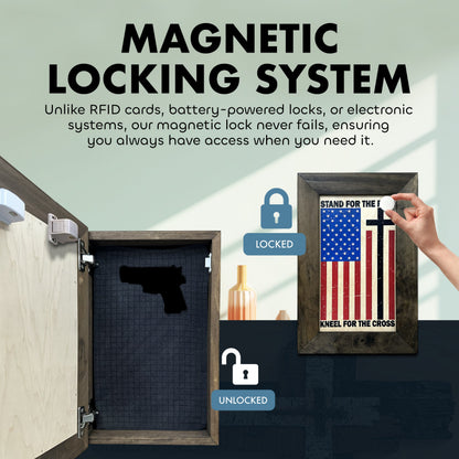 American Flag Hidden Gun Storage Cabinet - Stand For The Flag, Kneel For The Cross Concealed Gun Storage