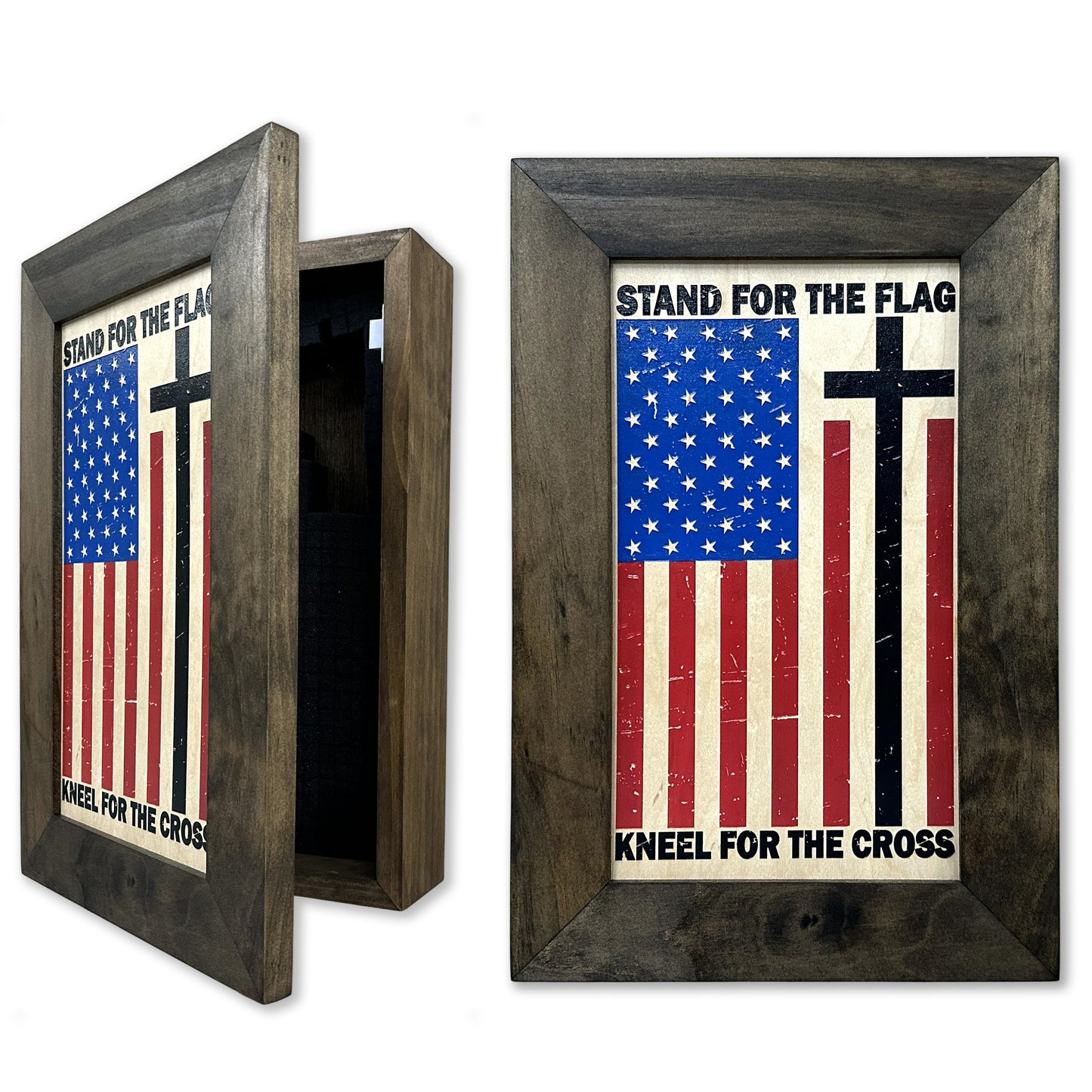 American Flag Hidden Gun Storage Cabinet - Stand For The Flag, Kneel For The Cross Concealed Gun Storage