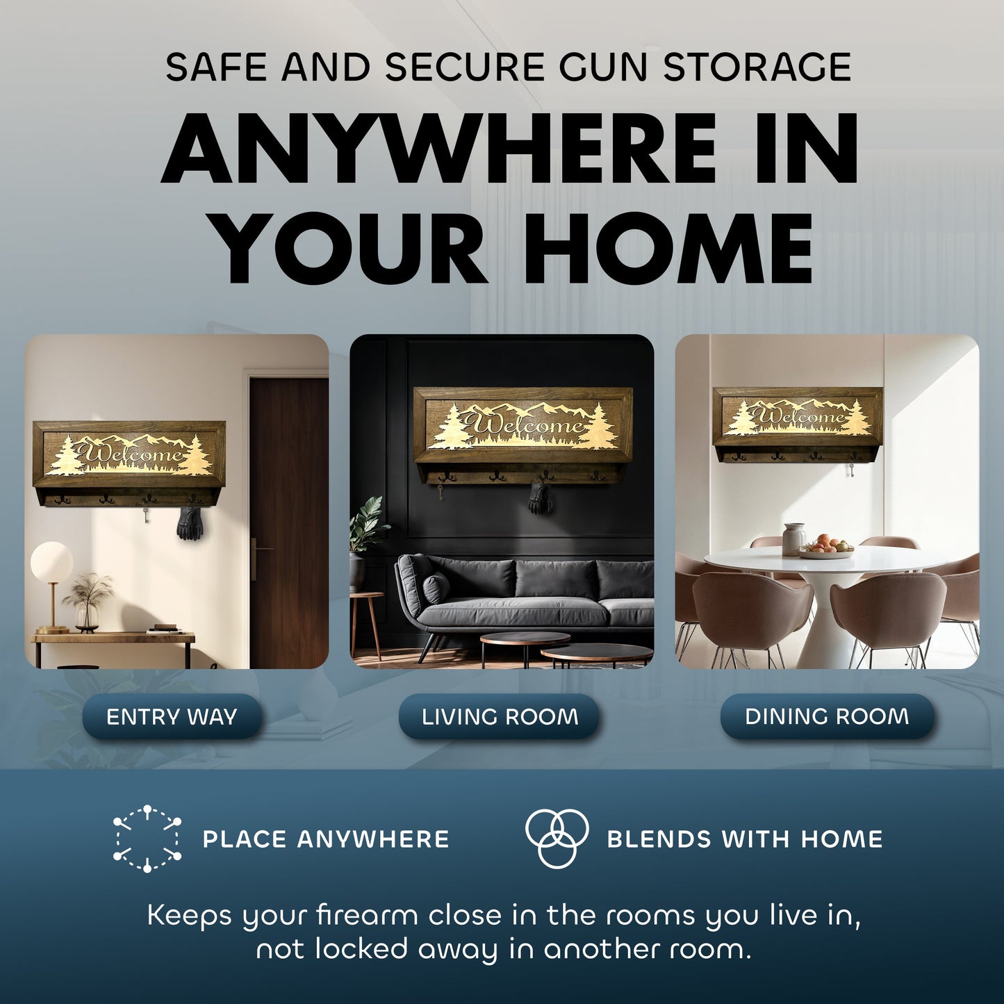 Mountain Scene Welcome Concealment Decor - Handcrafted Wooden Gun Cabinets - Gun Shelf Hidden Storage for Rifles, Shotguns, & Handguns - Quick Access Hidden Wall Safe