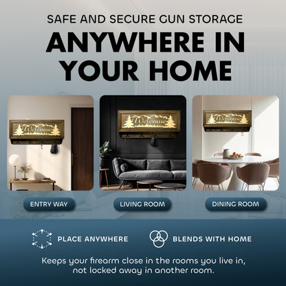 Mountain Scene Welcome Concealment Decor - Handcrafted Wooden Gun Cabinets - Gun Shelf Hidden Storage for Rifles, Shotguns, & Handguns - Quick Access Hidden Wall Safe