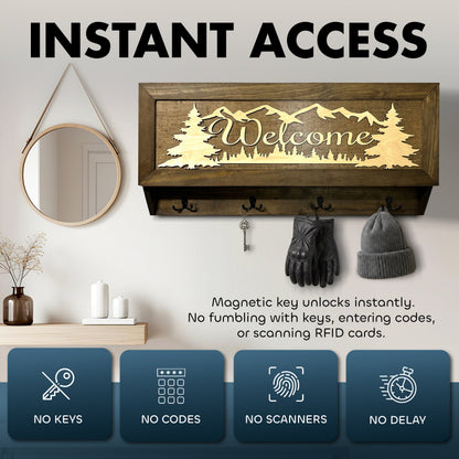 Mountain Scene Welcome Concealment Decor - Handcrafted Wooden Gun Cabinets - Gun Shelf Hidden Storage for Rifles, Shotguns, & Handguns - Quick Access Hidden Wall Safe