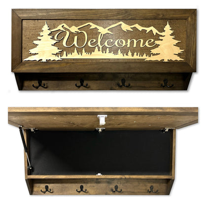 Mountain Scene Welcome Concealment Decor - Handcrafted Wooden Gun Cabinets - Gun Shelf Hidden Storage for Rifles, Shotguns, & Handguns - Quick Access Hidden Wall Safe